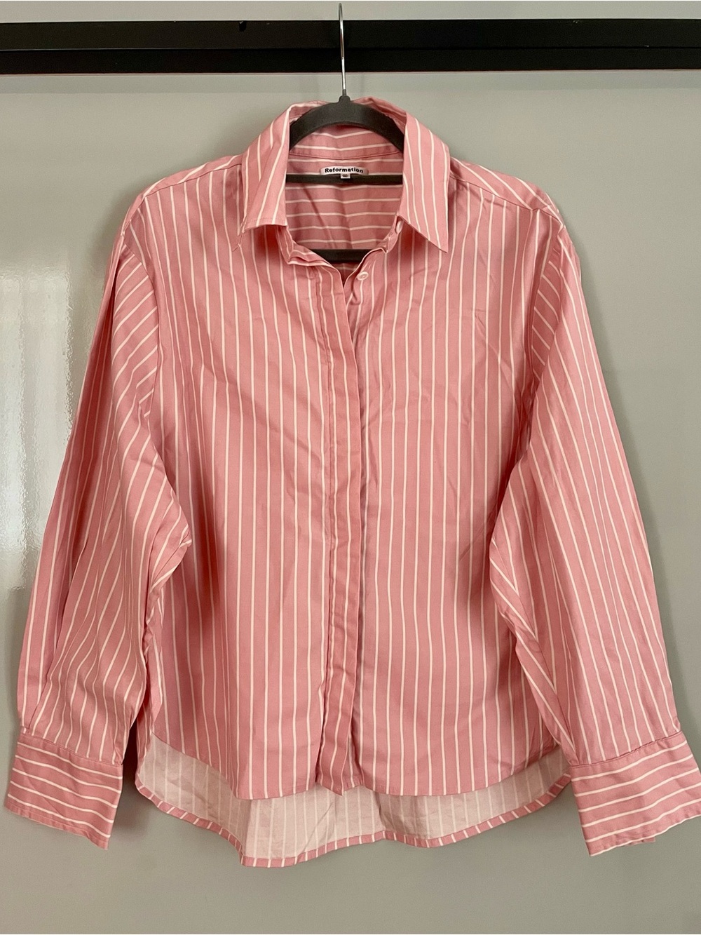Reformation Pink and White Striped Collared Button Shirt
